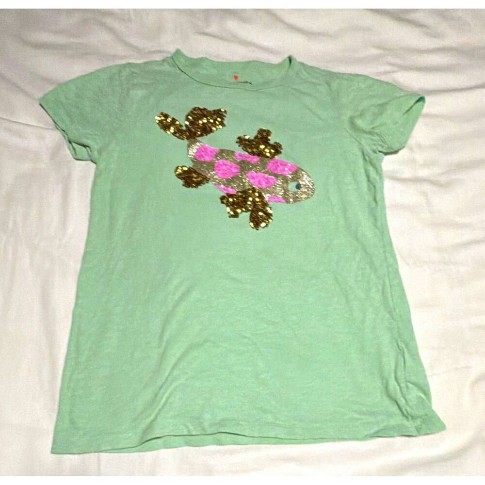 Crewcuts Girls 12-14 Green Cotton Knit Sequin Turtle Graphic Crewneck Tee